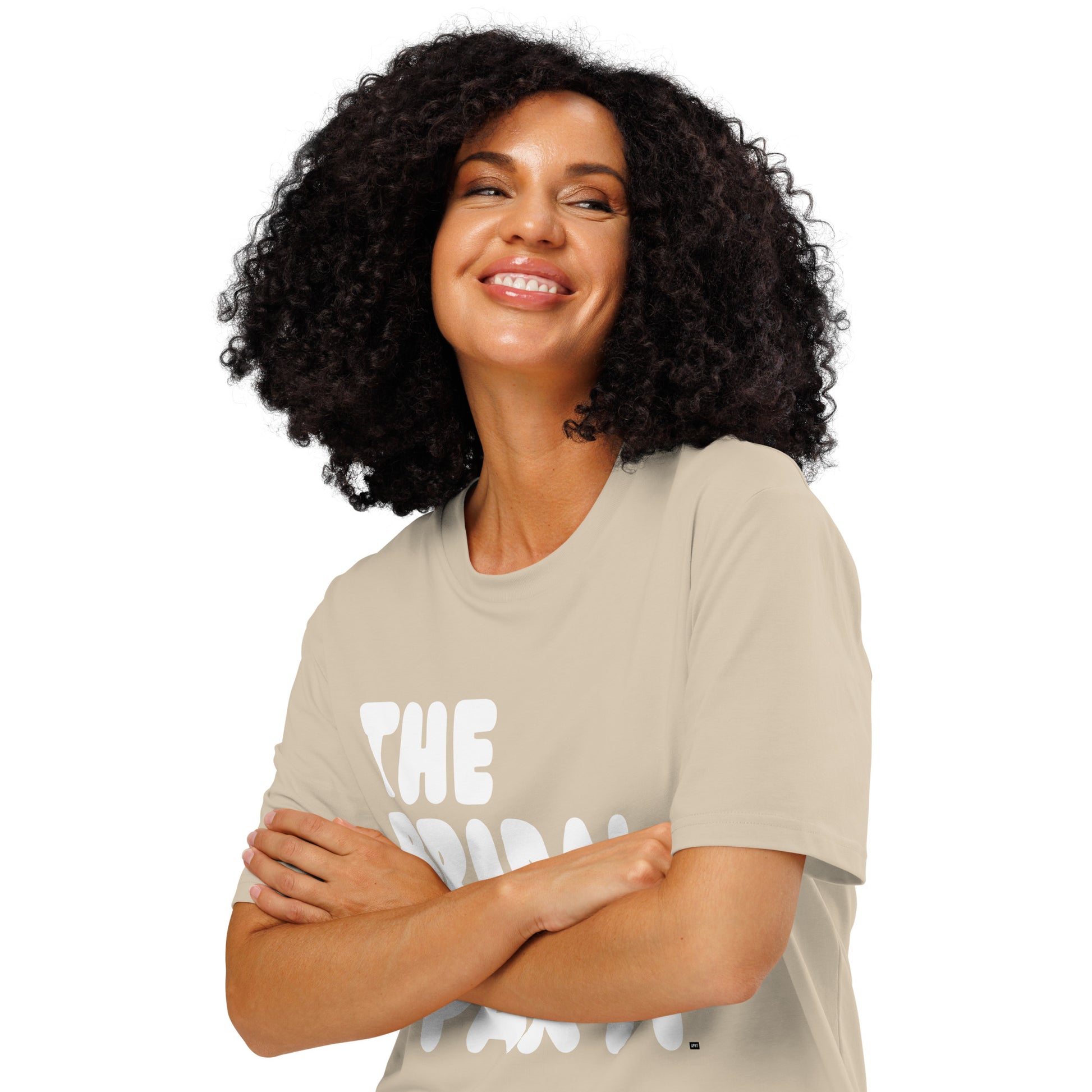 Woman wearing the Bridal Party Premium Unisex T-Shirt in Beige Close Up