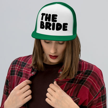 Woman wearing the Bride Trucker Hat from the APWT Gift Shop in Green and White