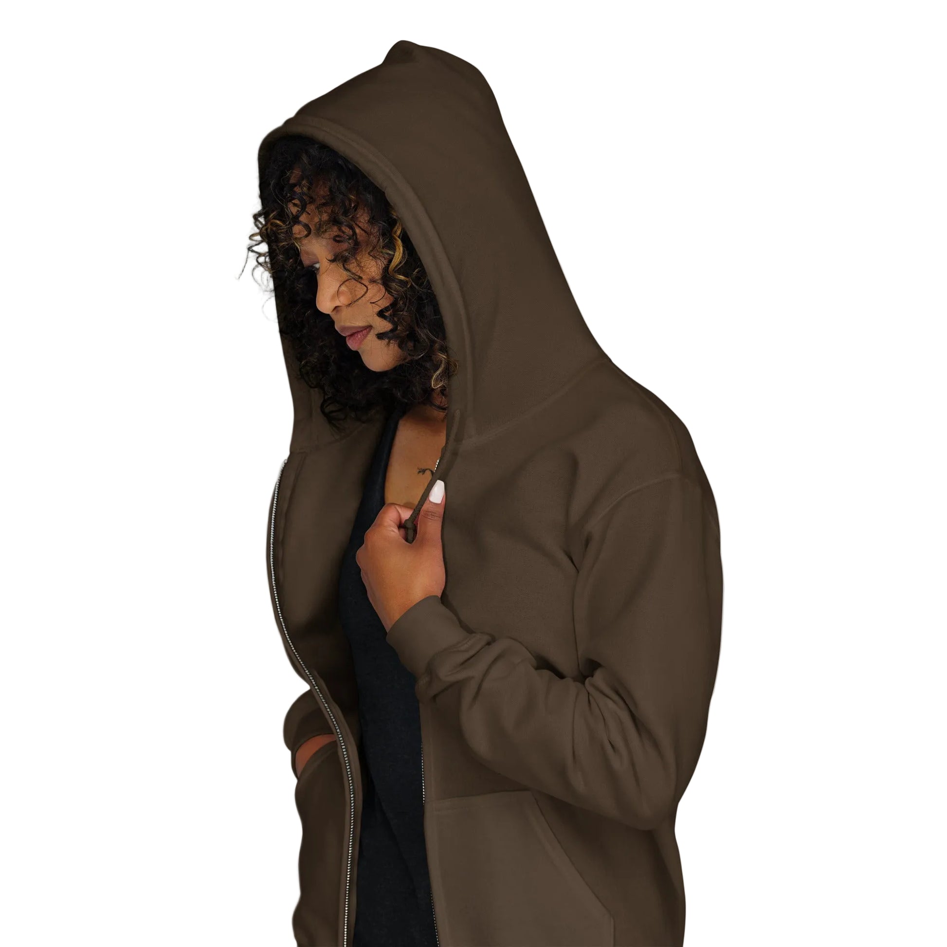 Woman wearing the Exhausted in Brown Unisex Zip-Up Hoodie from the APWT Gift Shop side