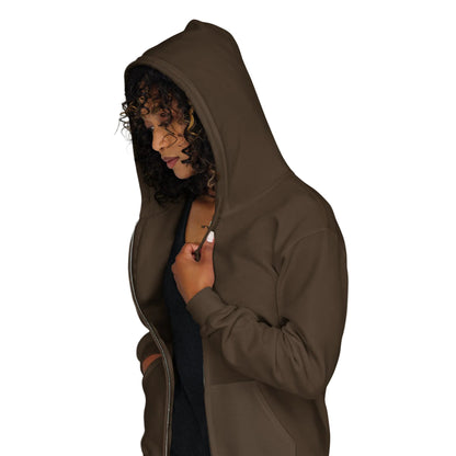 Woman wearing the Exhausted in Brown Unisex Zip-Up Hoodie from the APWT Gift Shop side
