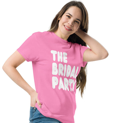 Women wearing The Bridal Party Unisex T-Shirt in from the APWT Gift Shop in Pink
