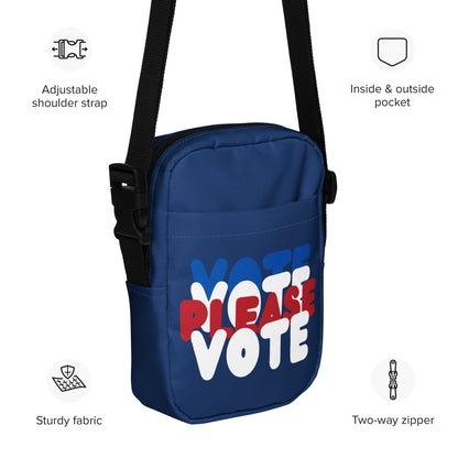 Description of  The APWT Gift Shop's Please Vote Small Crossbody Bag from the APWT Vote Shop pointing out bag details
