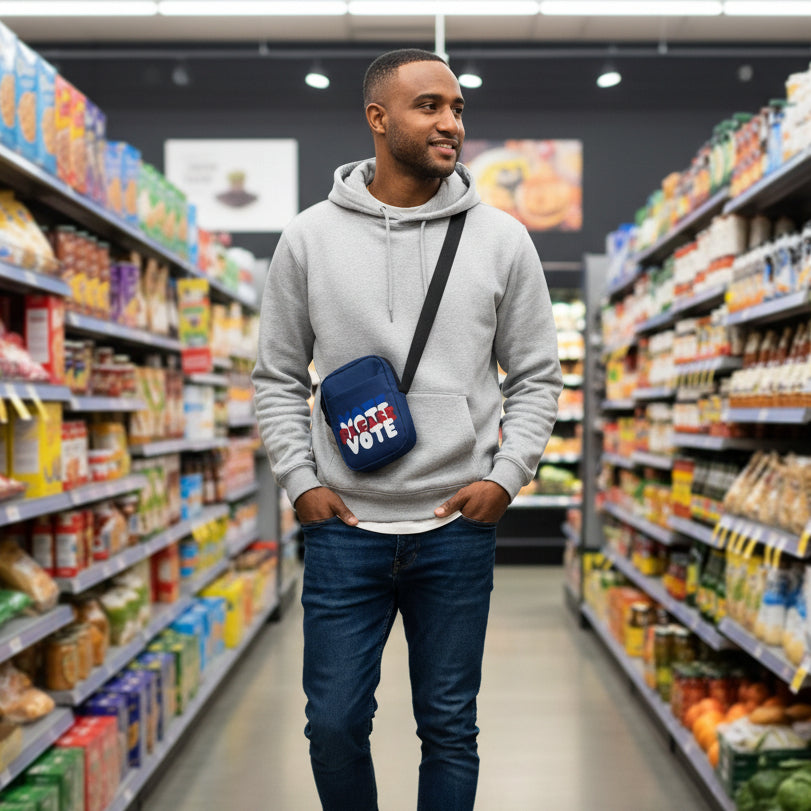 Man standing in a super market wearing The APWT Gift Shop's Please Vote Small Crossbody Bag from the APWT Vote Shop