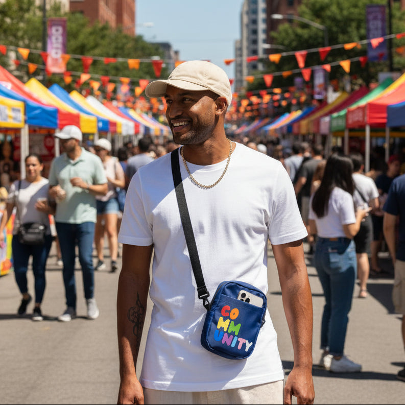 Man at a street festival wearing the APWT Gift Shop's Rainbow Community Small Crossbody Bag from the Pride in the APWT Gift Shop Collection