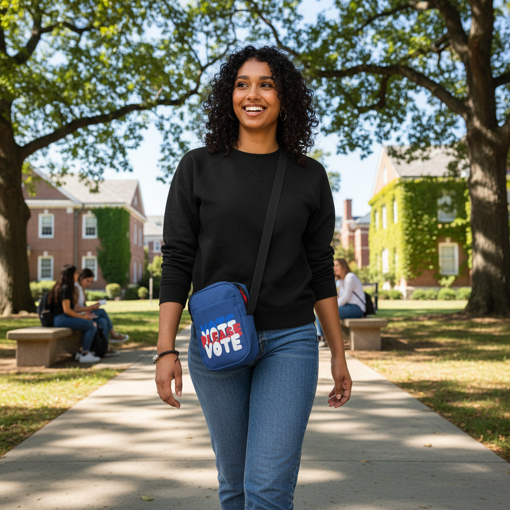 Woman walking on a college campus wearing The APWT Gift Shop's Please Vote Small Crossbody Bag from the APWT Vote Shop