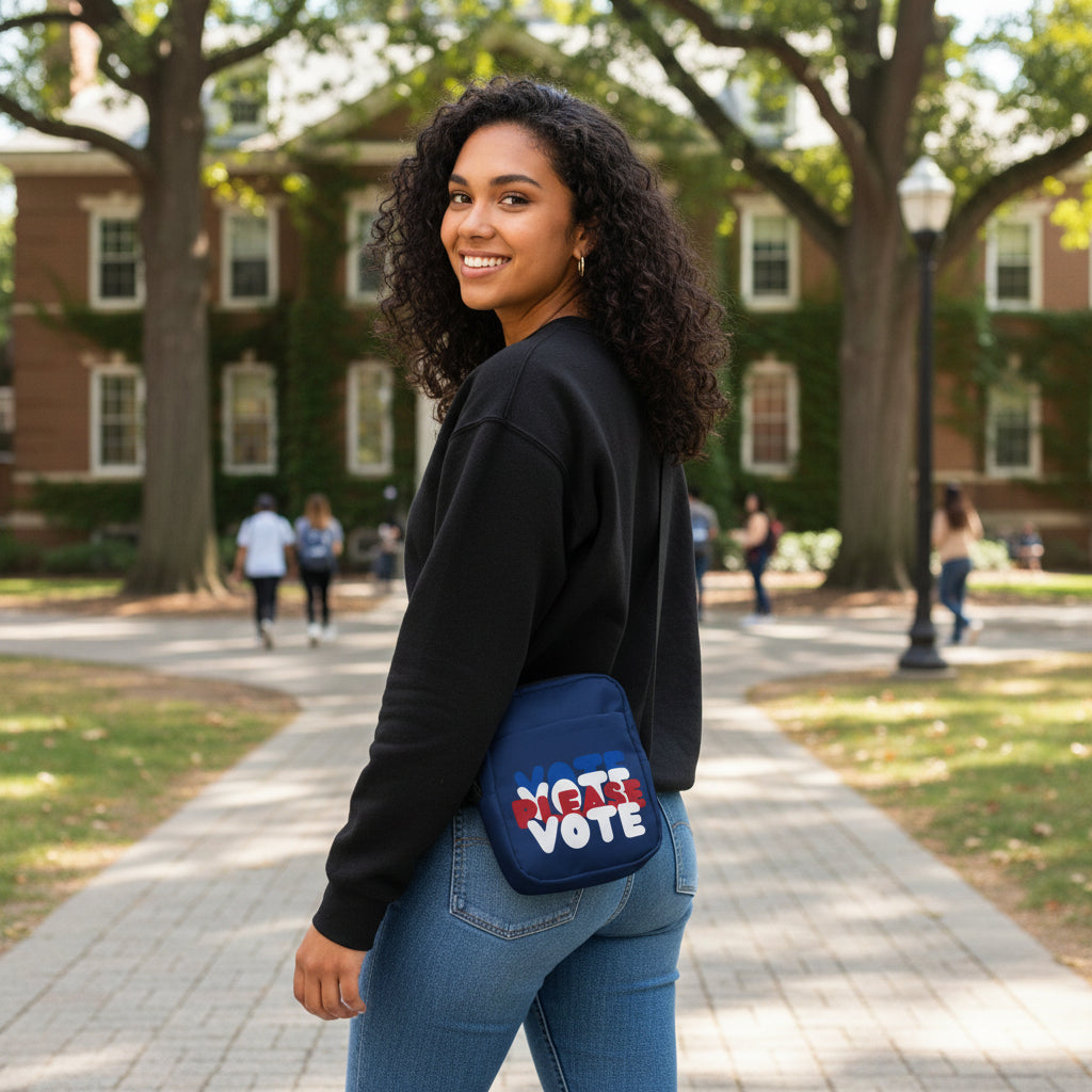 Woman standing on a college campus wearing the The APWT Gift Shop's Please Vote Small Crossbody Bag from the APWT Vote Shop
