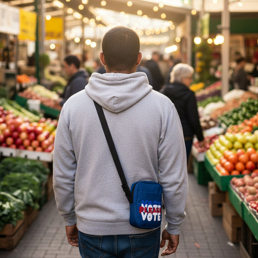 Man standing in a farmer's market wearing the The APWT Gift Shop's Please Vote Small Crossbody Bag from the APWT Vote Shop