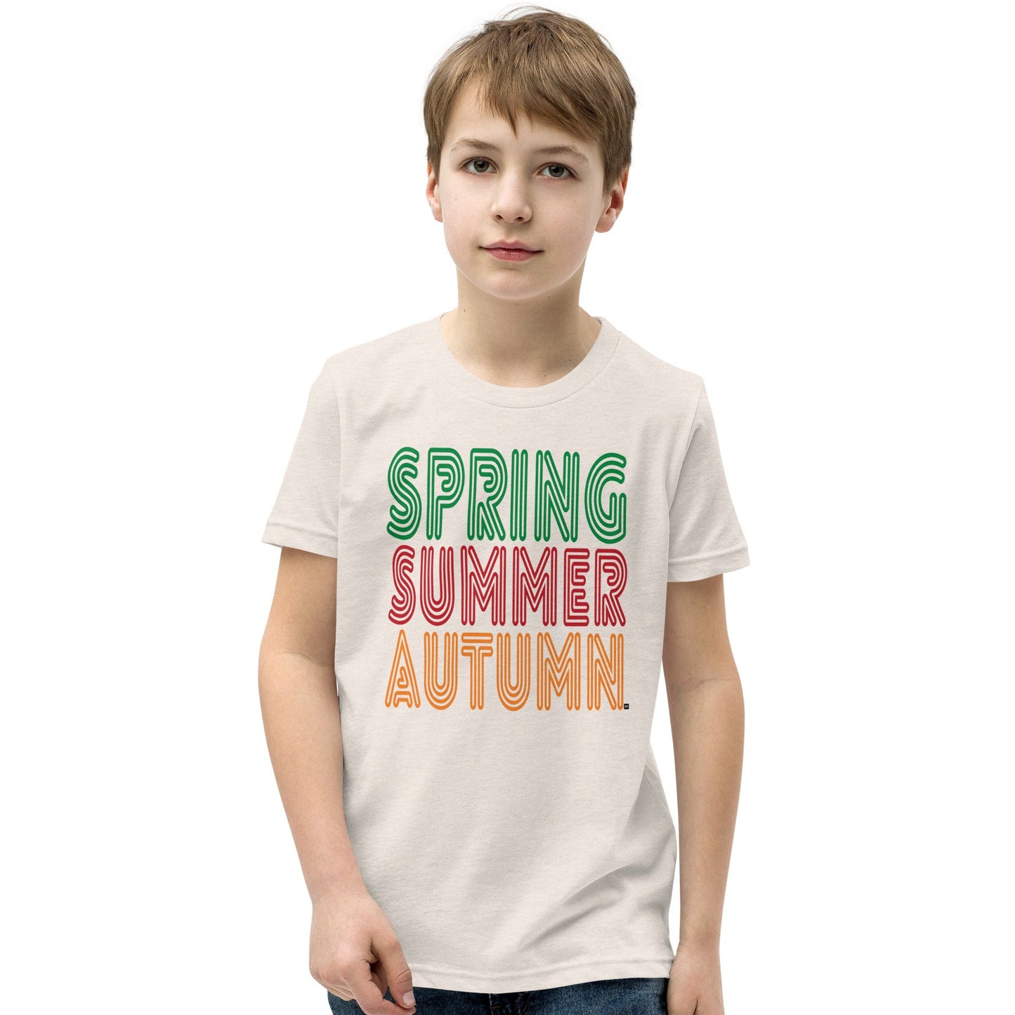 boy wearing The Spring into Summer Kid's Unisex T-Shirt in Eggshell