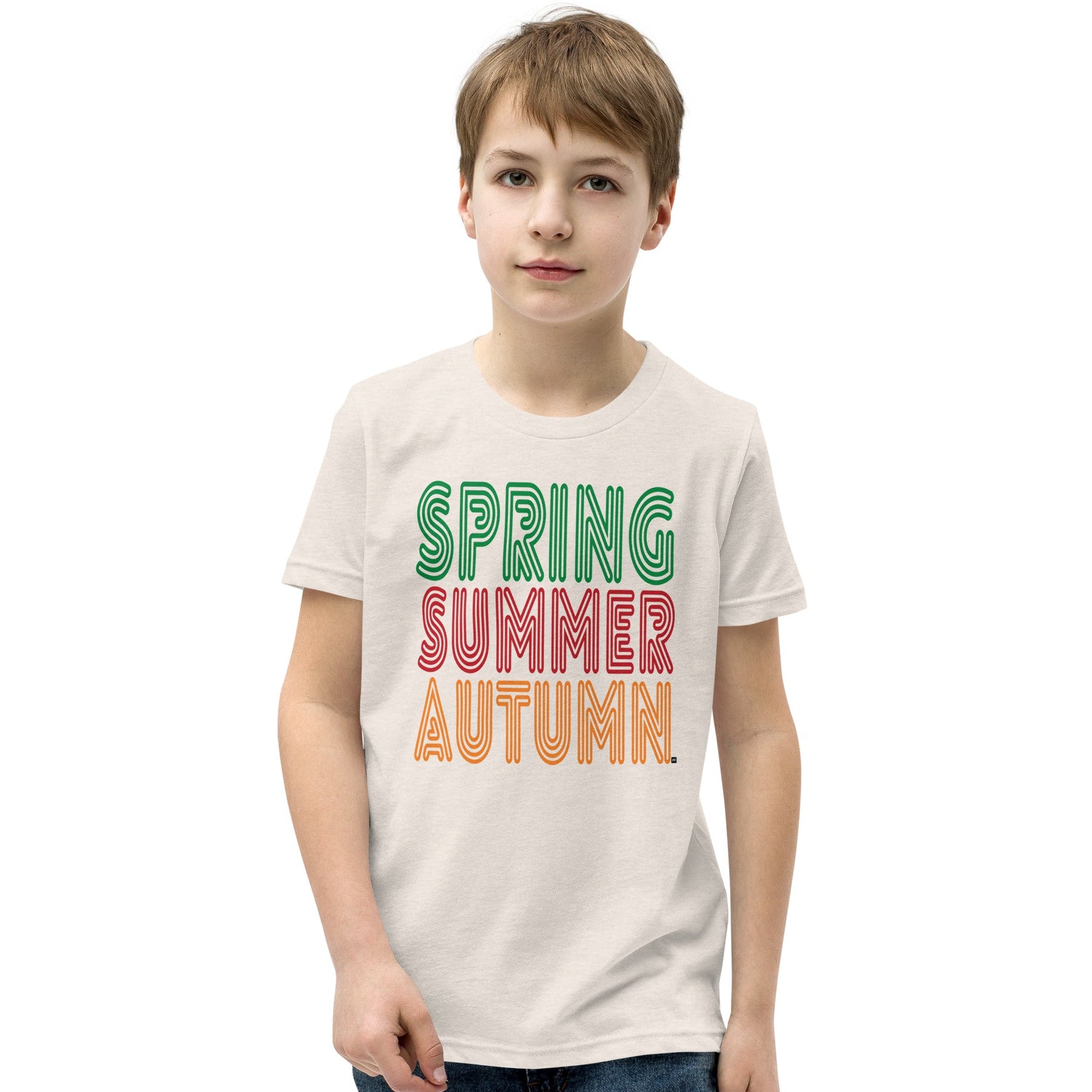 boy wearing The Spring into Summer Kid's Unisex T-Shirt in Eggshell