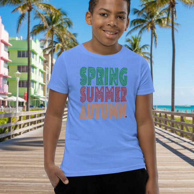 boy wearing The Spring into Summer Kid's Unisex T-Shirt in Light Blue