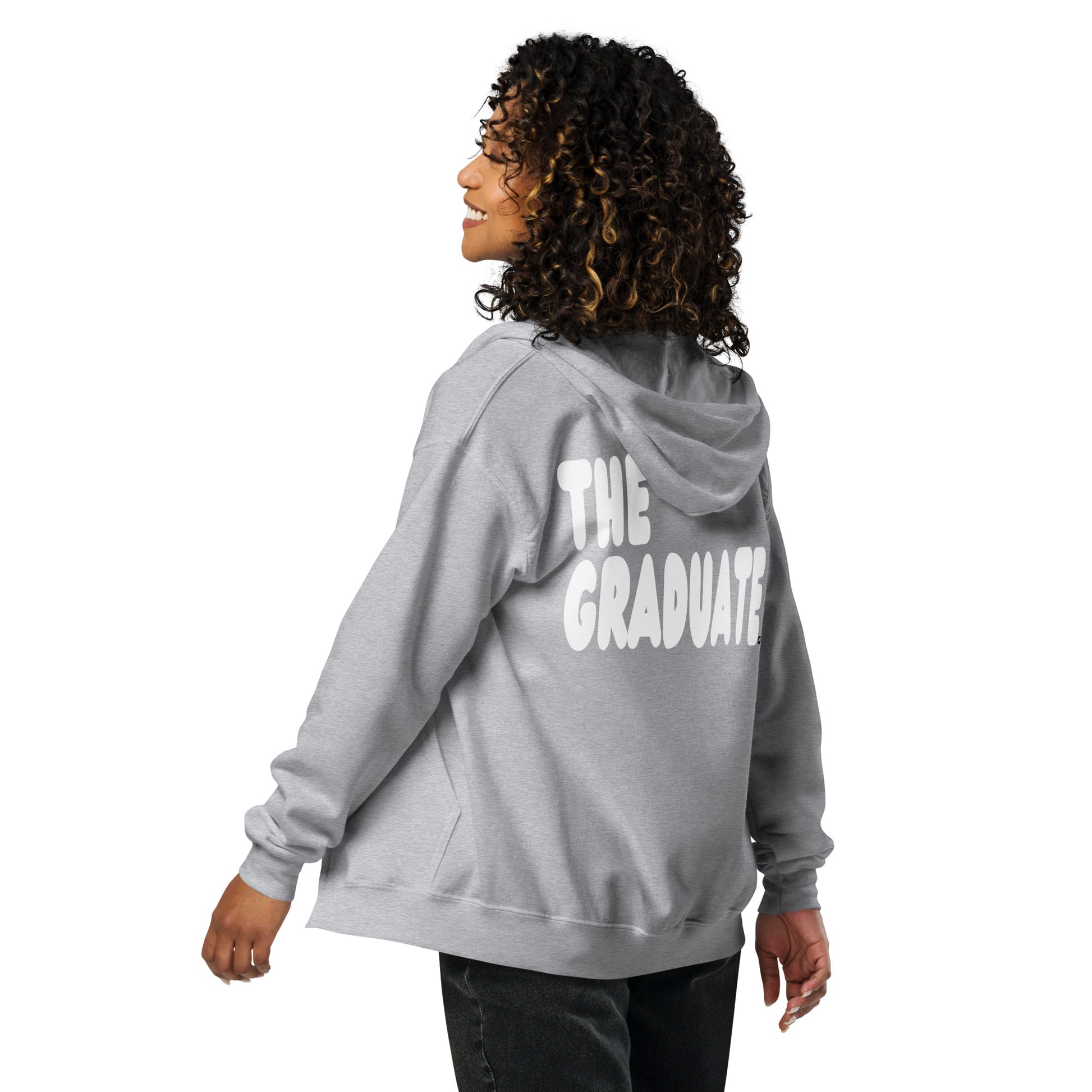 Woman wearing The Graduate Unisex Zip-Up Hoodie from the APWT Gift Shop in Grey