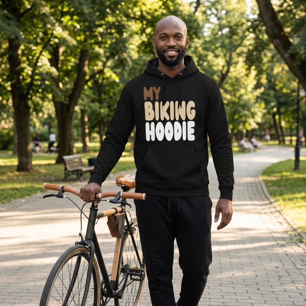 Man walking her bike through a park wearing the APWT Gift Shop's My Biking Hoodie Premium Unisex Hoodie from the Day in the Life Collection and the Premium Basics Collection in black