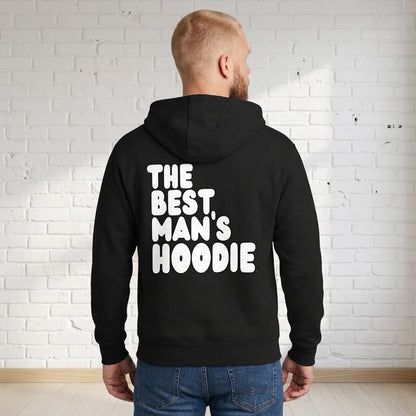 Man wearing The APWT Gift Shop's Best Man's Hoodie Premium Unisex Zip-Up Hoodie from the APWT Wedding Shop and the Premium Basics Collection in Black