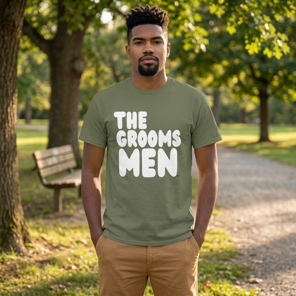 Man standing in a park wearing the APWT Gift Shop's the Groomsmen Unisex T-Shirt  from the APWT Wedding Shop and Day in the Life Collection in Olive Green