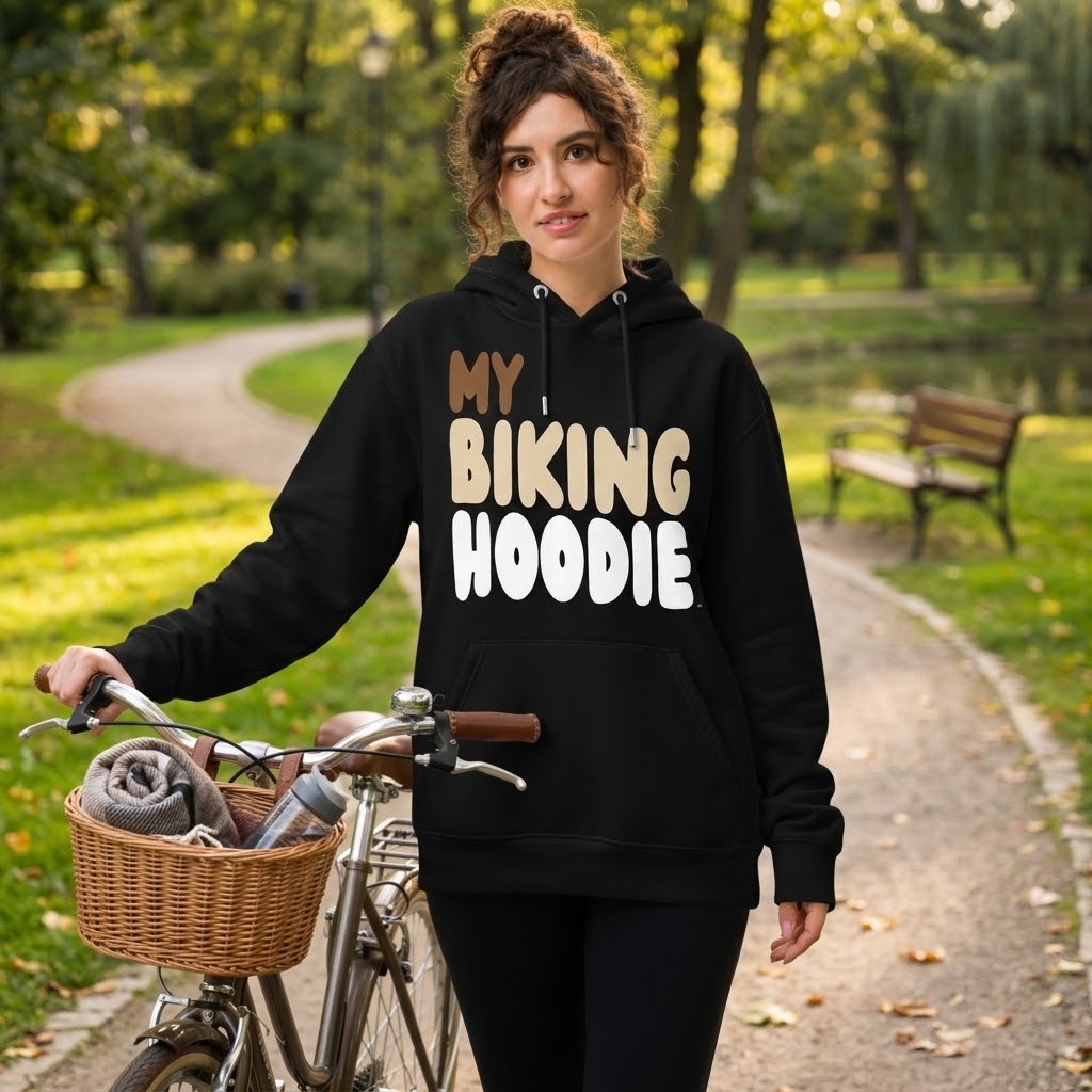 Woman walking her bike through a park wearing the APWT Gift Shop's My Biking Hoodie Premium Unisex Hoodie from the Day in the Life Collection and the Premium Basics Collection in black