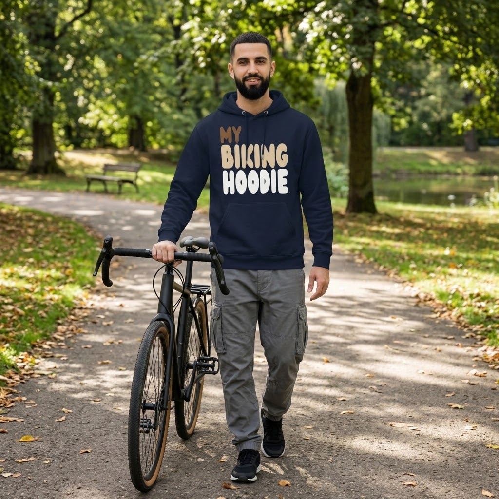 Man walking her bike through a park wearing the APWT Gift Shop's My Biking Hoodie Premium Unisex Hoodie from the Day in the Life Collection and the Premium Basics Collection in navy blue