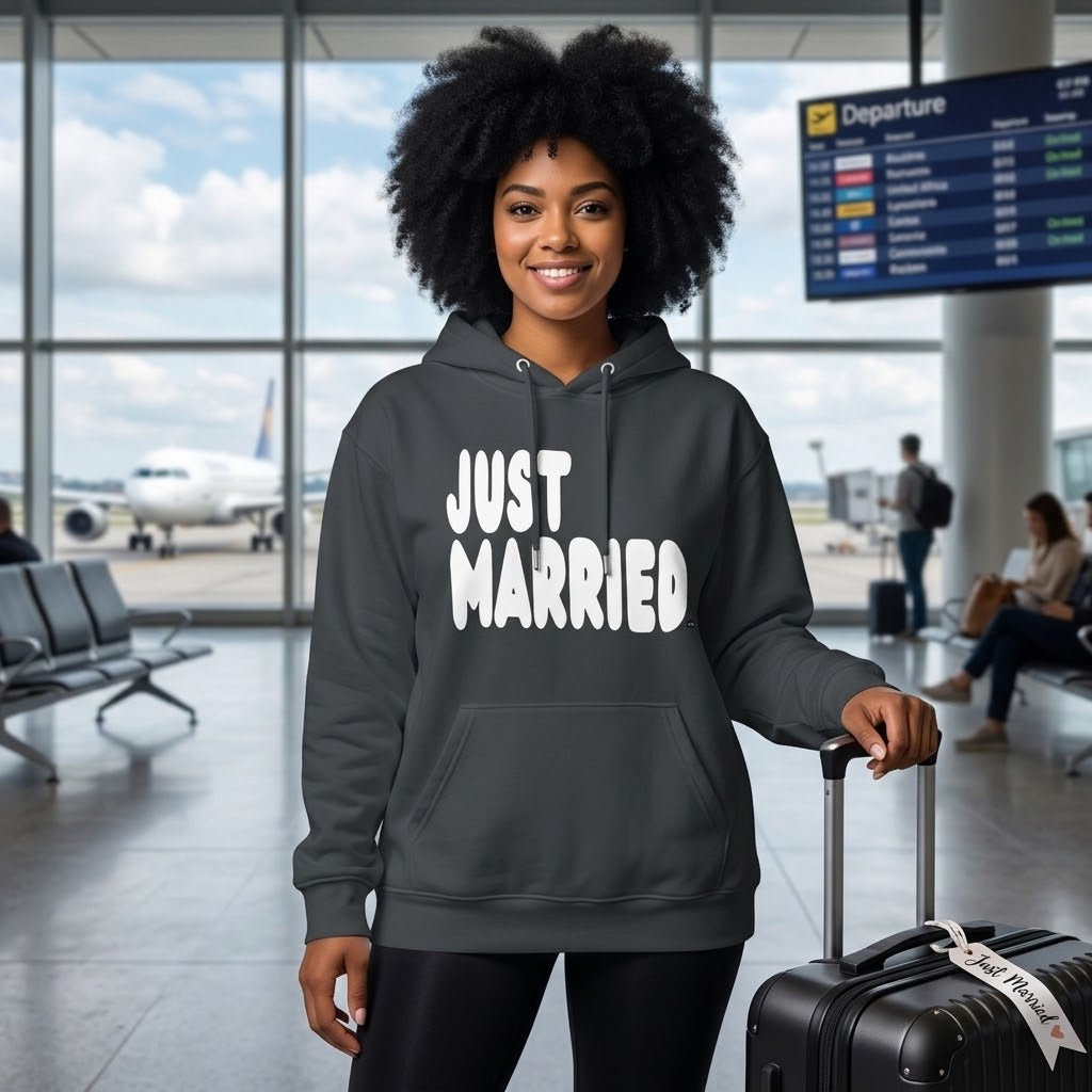 Woman standing in an airport wearing the APWT Gift Shop's Just Married Premium Unisex Hoodie from the APWT Wedding Shop and the Premium Basics Collection in dark grey