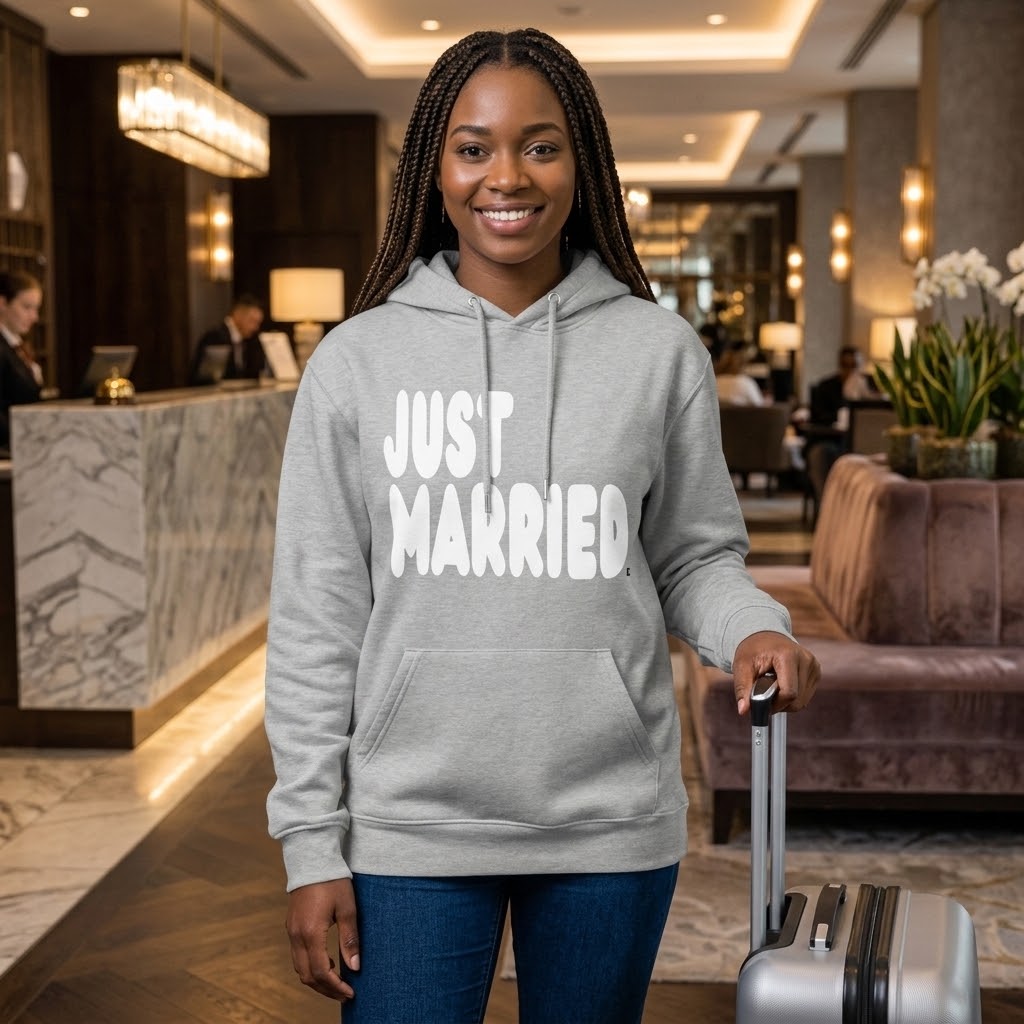 Woman standing in a hotel lobby wearing the APWT Gift Shop's Just Married Premium Unisex Hoodie from the APWT Wedding Shop and the Premium Basics Collection in grey