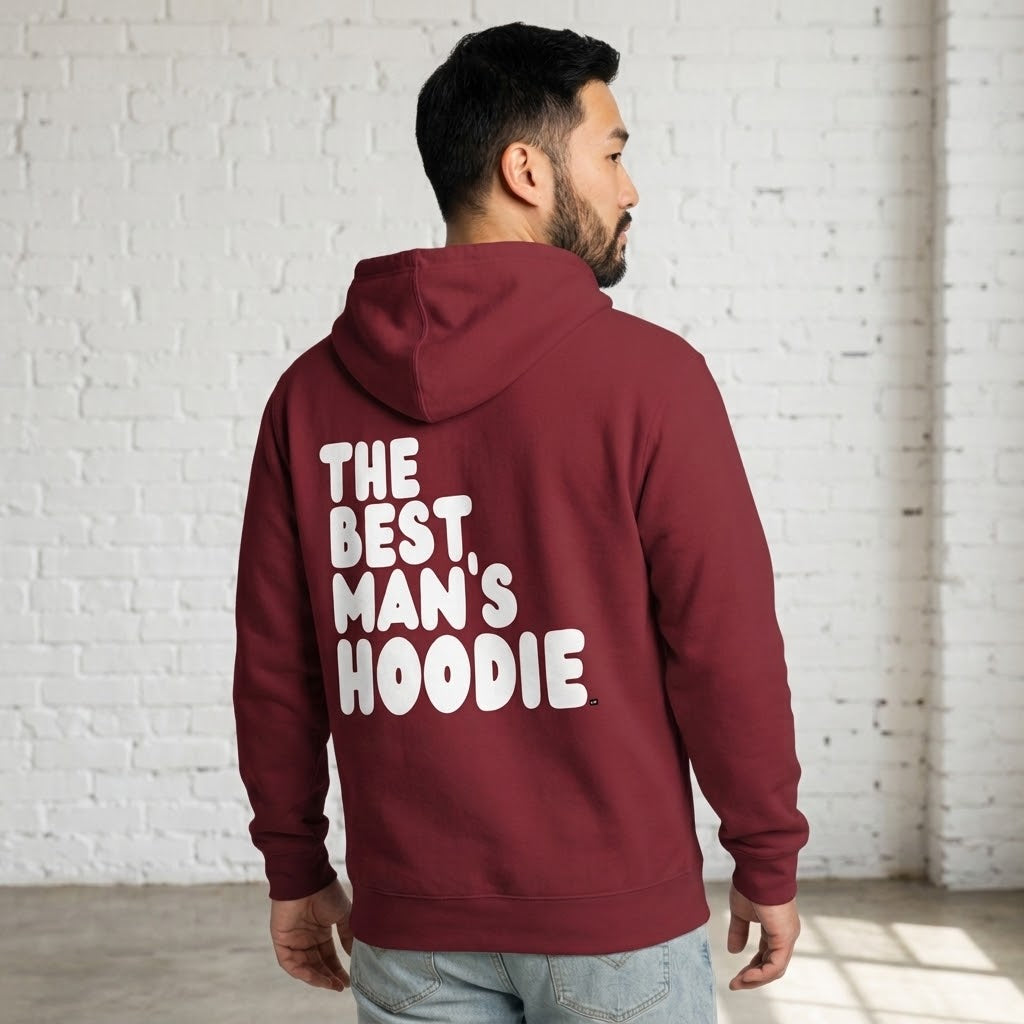 Man wearing The APWT Gift Shop's Best Man's Hoodie Premium Unisex Zip-Up Hoodie from the APWT Wedding Shop and the Premium Basics Collection in Burgundy