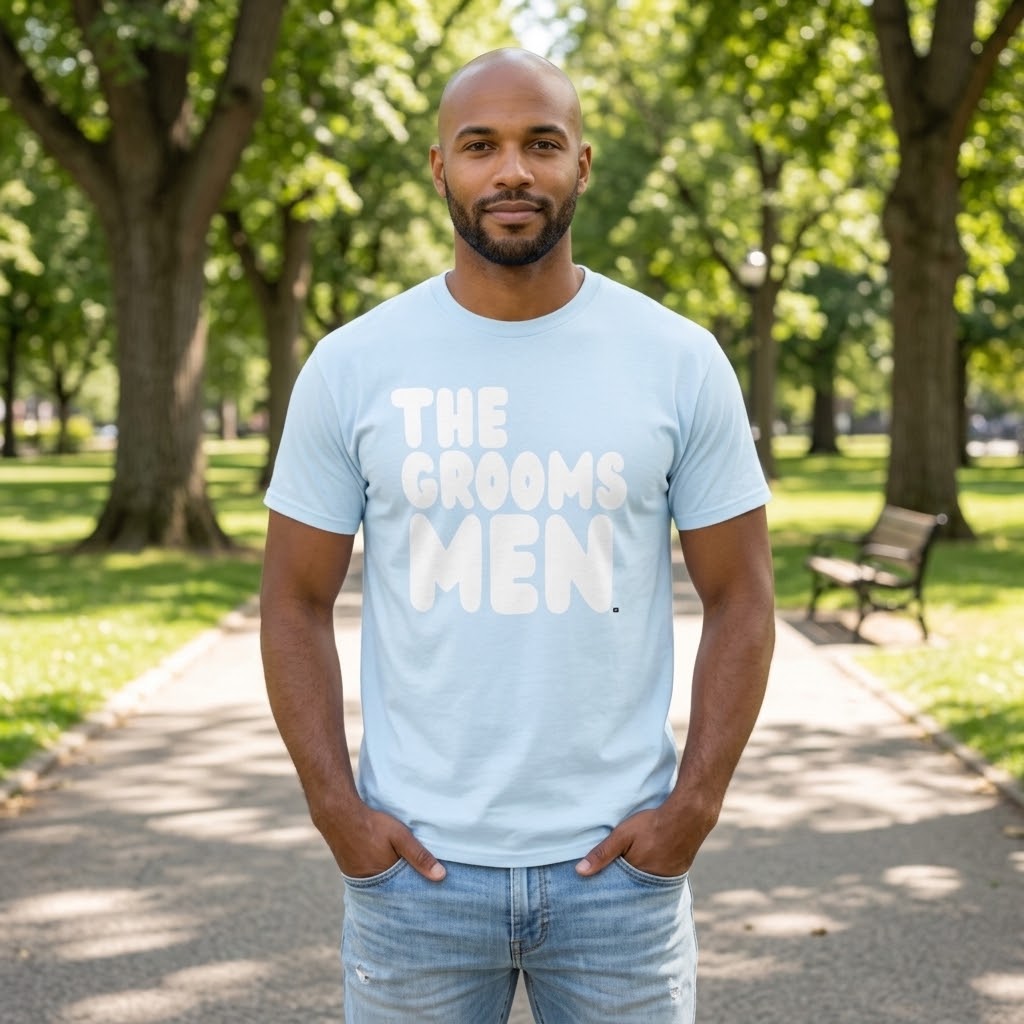 Man standing in a park wearing the APWT Gift Shop's the Groomsmen Unisex T-Shirt  from the APWT Wedding Shop and Day in the Life Collection in Light Blue