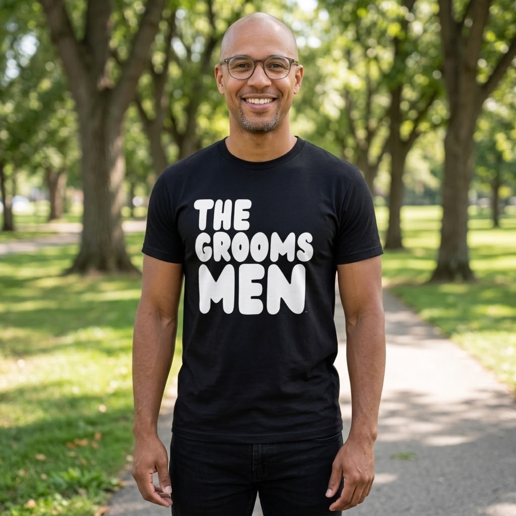 Man standing in a park wearing the APWT Gift Shop's the Groomsmen Unisex T-Shirt  from the APWT Wedding Shop and Day in the Life Collection in Black