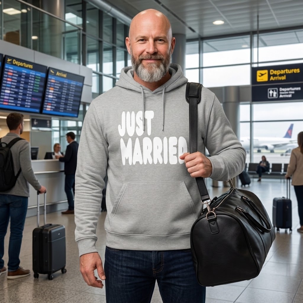 Man standing in an airport wearing the APWT Gift Shop's Just Married Premium Unisex Hoodie from the APWT Wedding Shop and the Premium Basics Collection in grey
