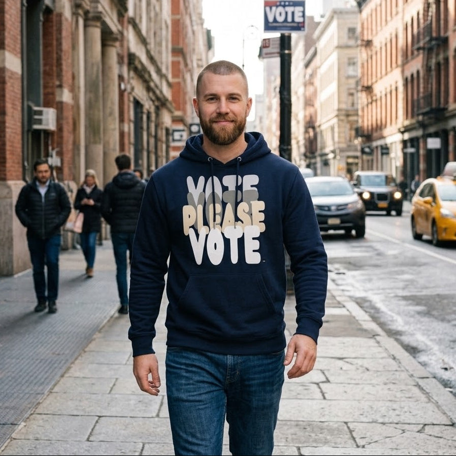 Man walking down the street wearing the APWT Gift Shop's Please Vote in Black and White Premium Unisex Hoodie from the APWT Vote Shop and the Premium Basics Collection in navy blue