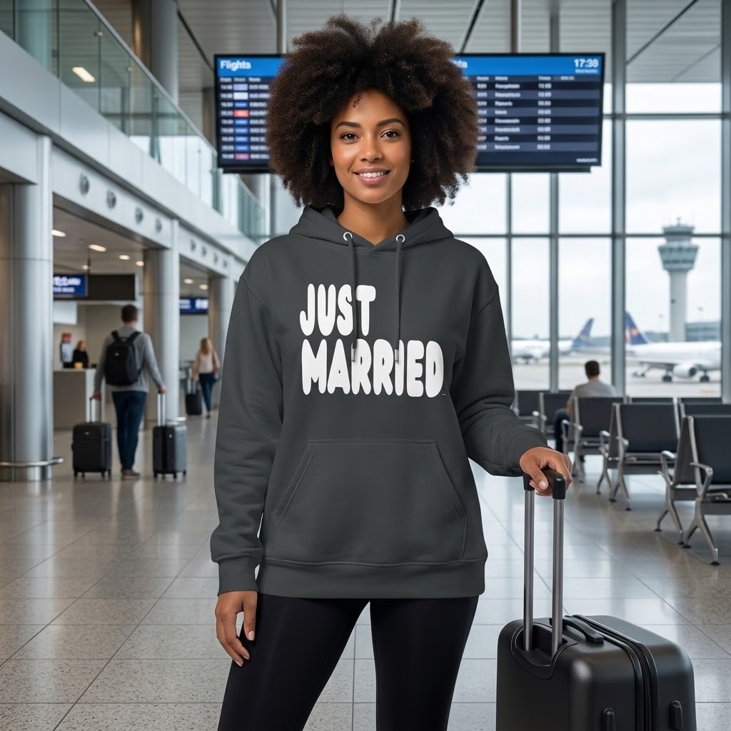 Woman standing in an airport wearing the APWT Gift Shop's Just Married Premium Unisex Hoodie from the APWT Wedding Shop and the Premium Basics Collection in dark grey