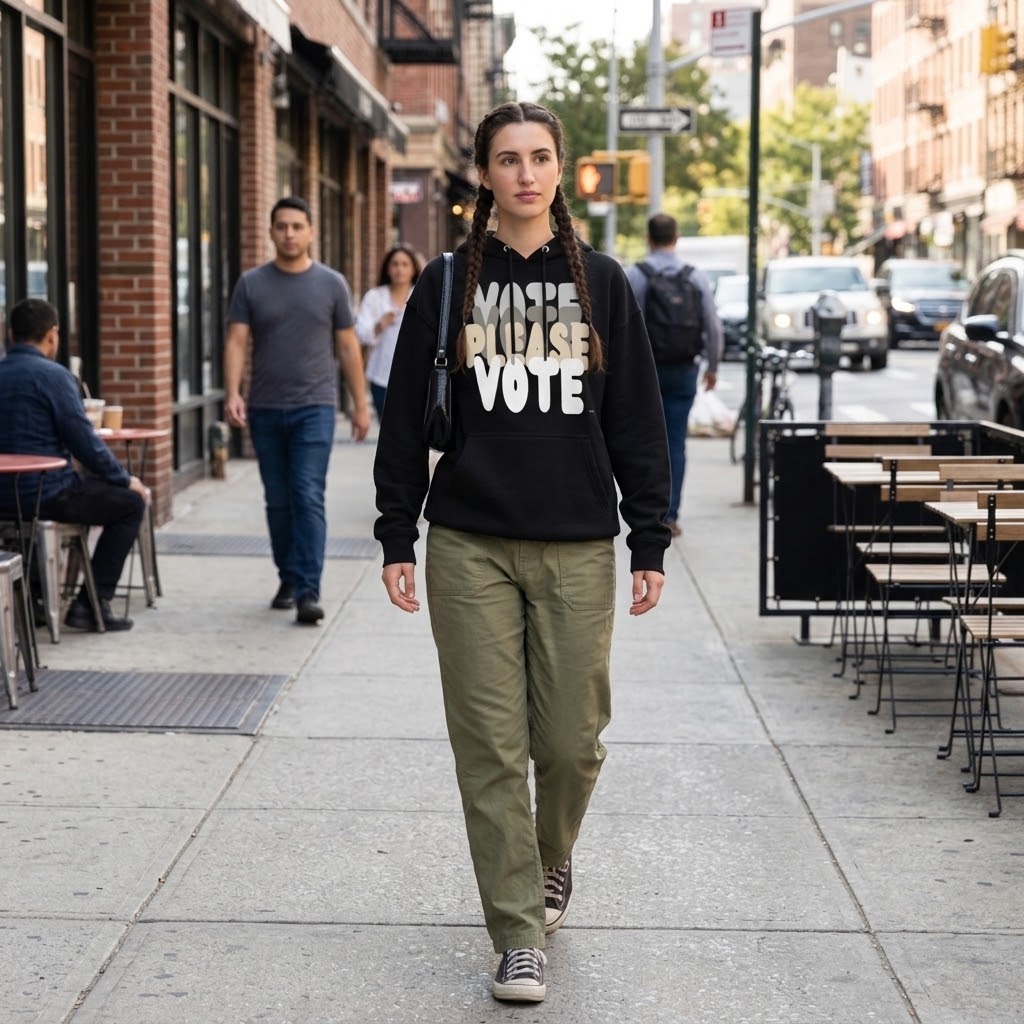 Man walking down the street wearing the APWT Gift Shop's Please Vote in Black and White Premium Unisex Hoodie from the APWT Vote Shop and the Premium Basics Collection in Black