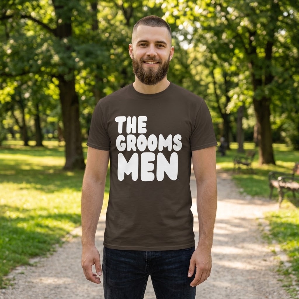 Man standing in a park wearing the APWT Gift Shop's the Groomsmen Unisex T-Shirt  from the APWT Wedding Shop and Day in the Life Collection in Brown