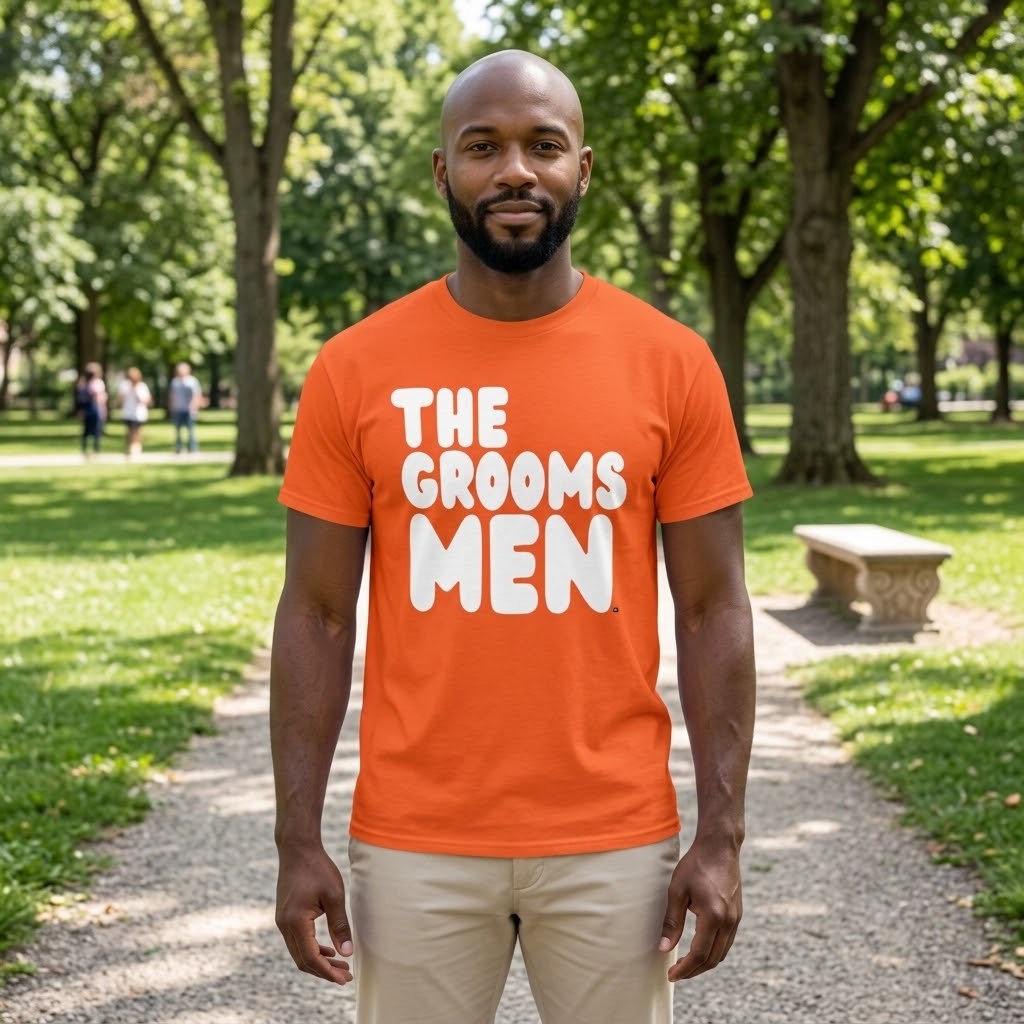 Man standing in a park wearing the APWT Gift Shop's the Groomsmen Unisex T-Shirt  from the APWT Wedding Shop and Day in the Life Collection in Orange