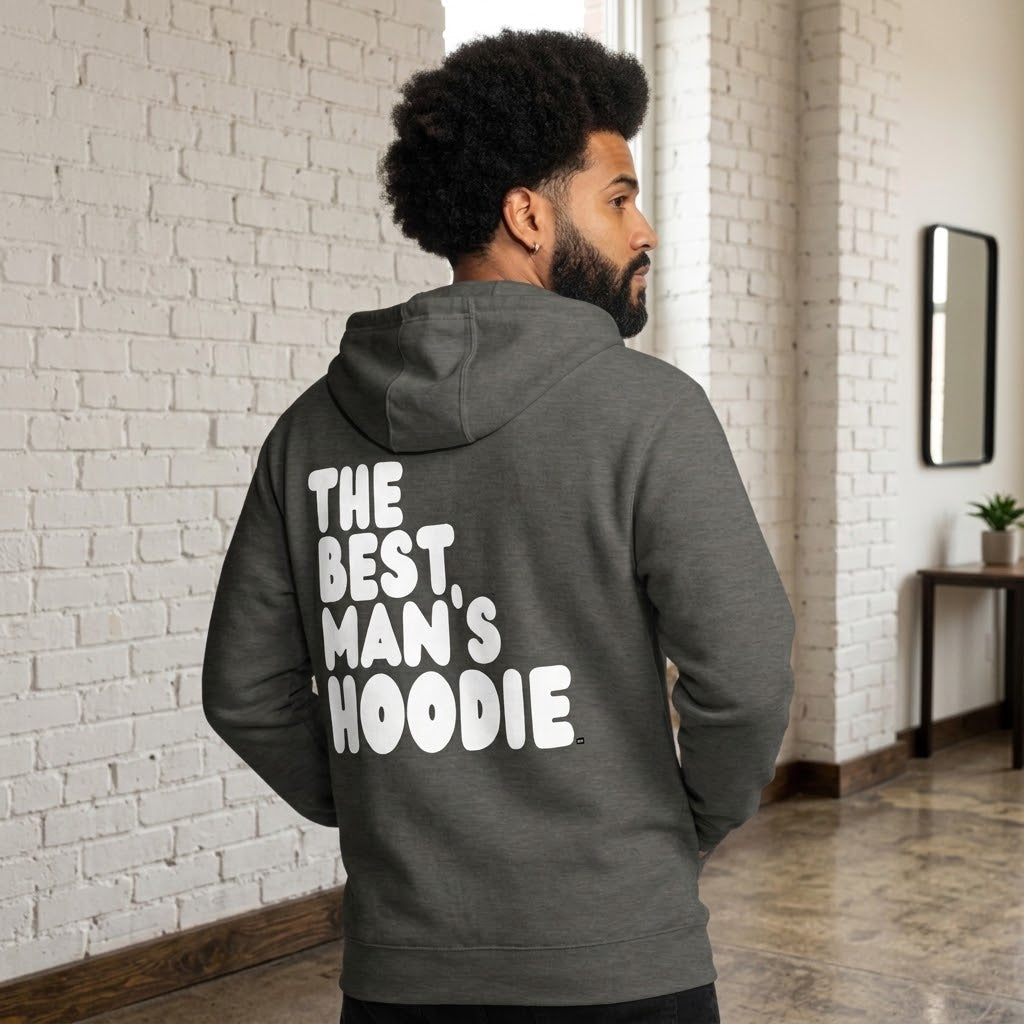 Man wearing The APWT Gift Shop's Best Man's Hoodie Premium Unisex Zip-Up Hoodie from the APWT Wedding Shop and the Premium Basics Collection in Dark Grey