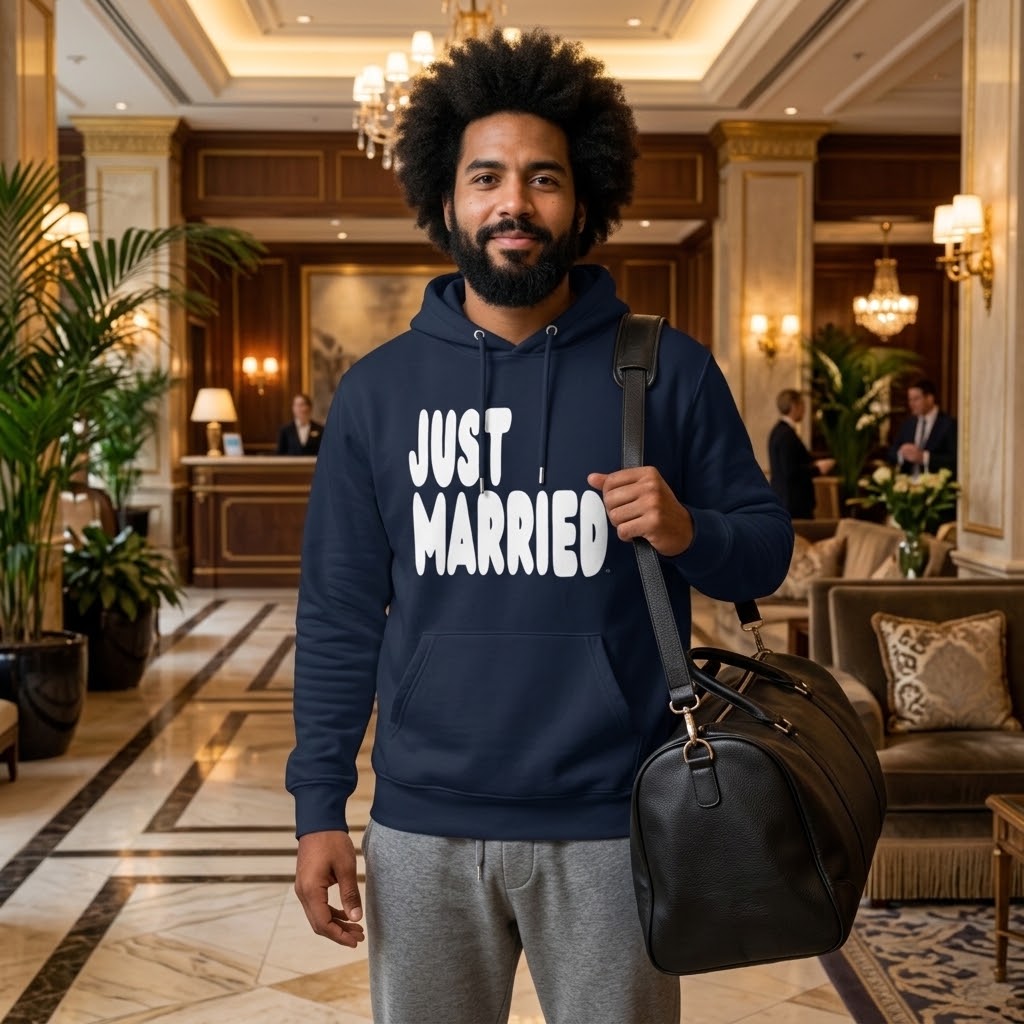 Man standing in a hotel lobby wearing the APWT Gift Shop's Just Married Premium Unisex Hoodie from the APWT Wedding Shop and the Premium Basics Collection in navy blue