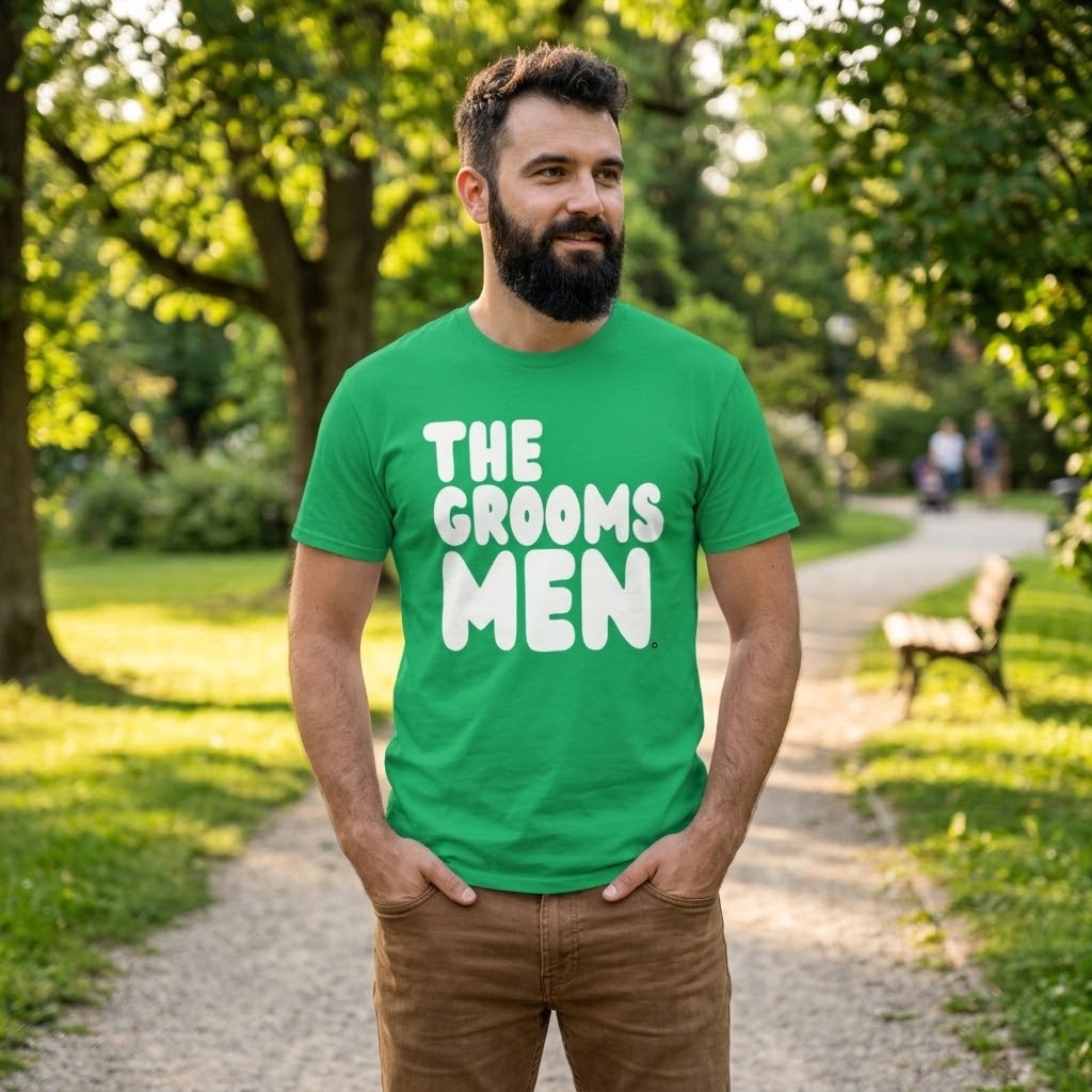 Man standing in a park wearing the APWT Gift Shop's the Groomsmen Unisex T-Shirt  from the APWT Wedding Shop and Day in the Life Collection in Green