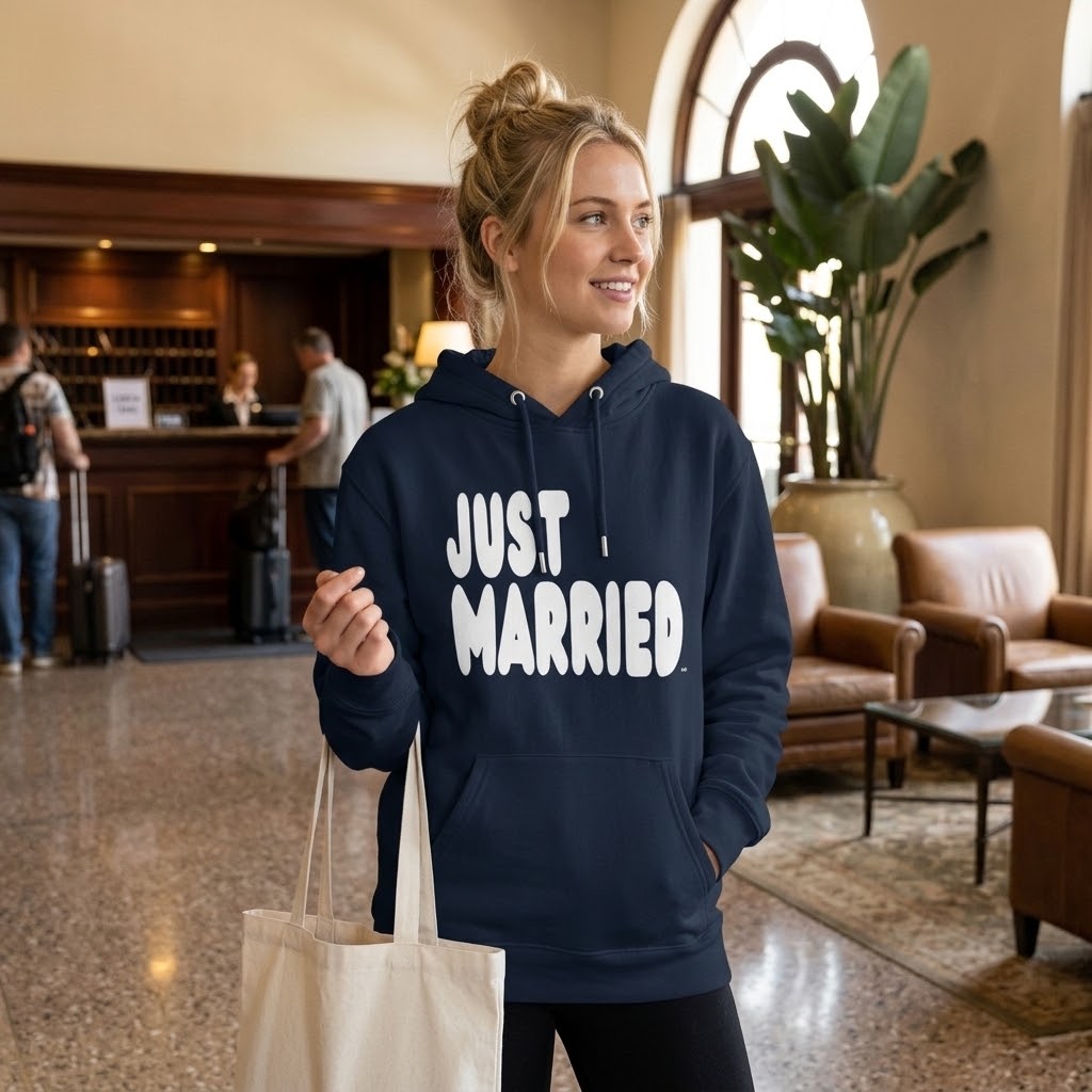 Woman standing in a hotel lobby wearing the APWT Gift Shop's Just Married Premium Unisex Hoodie from the APWT Wedding Shop and the Premium Basics Collection in navy blue