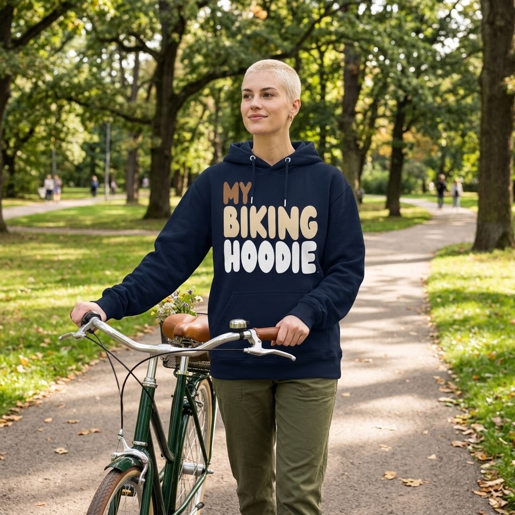 Woman walking her bike through a park wearing the APWT Gift Shop's My Biking Hoodie Premium Unisex Hoodie from the Day in the Life Collection and the Premium Basics Collection in navy blue