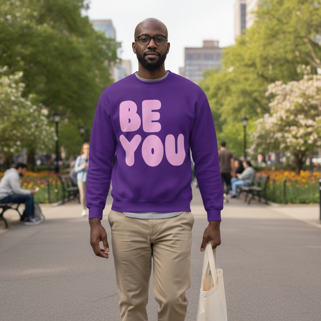 Man walking through the park wearing The APWT Gift Shop's Be You in Purple and Pink Unisex Crew Neck Sweatshirt from the Be You Collection 