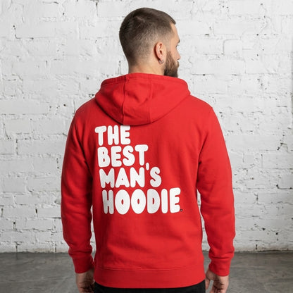 Man wearing The APWT Gift Shop's Best Man's Hoodie Premium Unisex Zip-Up Hoodie from the APWT Wedding Shop and the Premium Basics Collection in Red