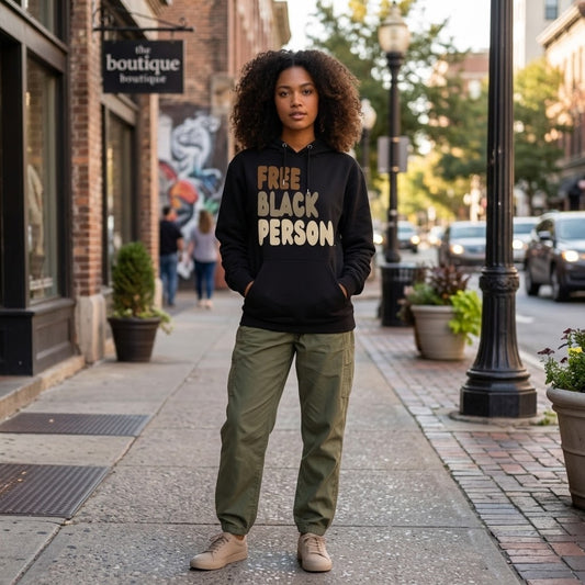 Woman standing on the street wearing the APWT Gift Shop's Free Black Person Premium Unisex Hoodie from the Black Collection and the Premium Basics Collection in Black