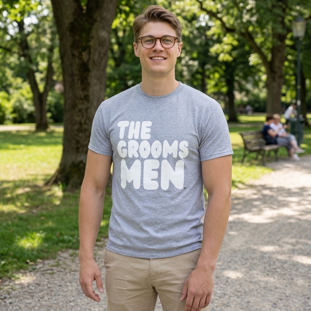 Man standing in a park wearing the APWT Gift Shop's the Groomsmen Unisex T-Shirt  from the APWT Wedding Shop and Day in the Life Collection in Grey