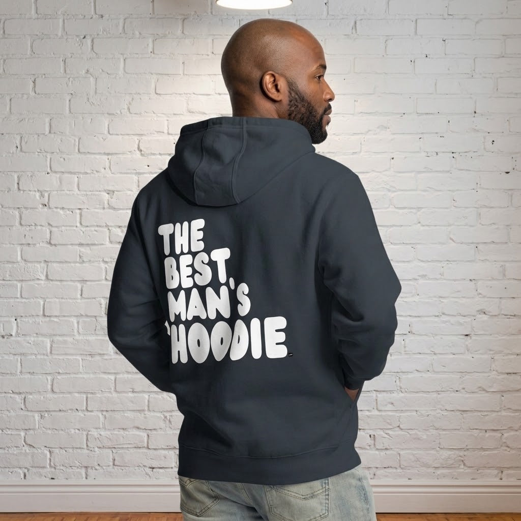 Man wearing The APWT Gift Shop's Best Man's Hoodie Premium Unisex Zip-Up Hoodie from the APWT Wedding Shop and the Premium Basics Collection in Navy Blue