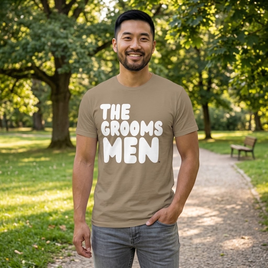 Man standing in a park wearing the APWT Gift Shop's the Groomsmen Unisex T-Shirt  from the APWT Wedding Shop and Day in the Life Collection in Beige