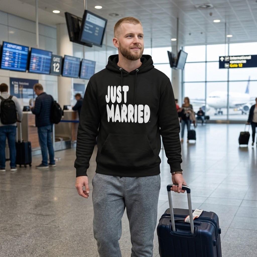 Man standing in a airport wearing the APWT Gift Shop's Just Married Premium Unisex Hoodie from the APWT Wedding Shop and the Premium Basics Collection in black