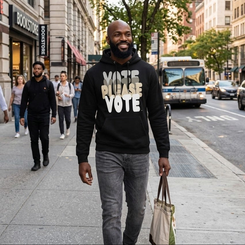 Man walking down the street wearing the APWT Gift Shop's Please Vote in Black and White Premium Unisex Hoodie from the APWT Vote Shop and the Premium Basics Collection in black