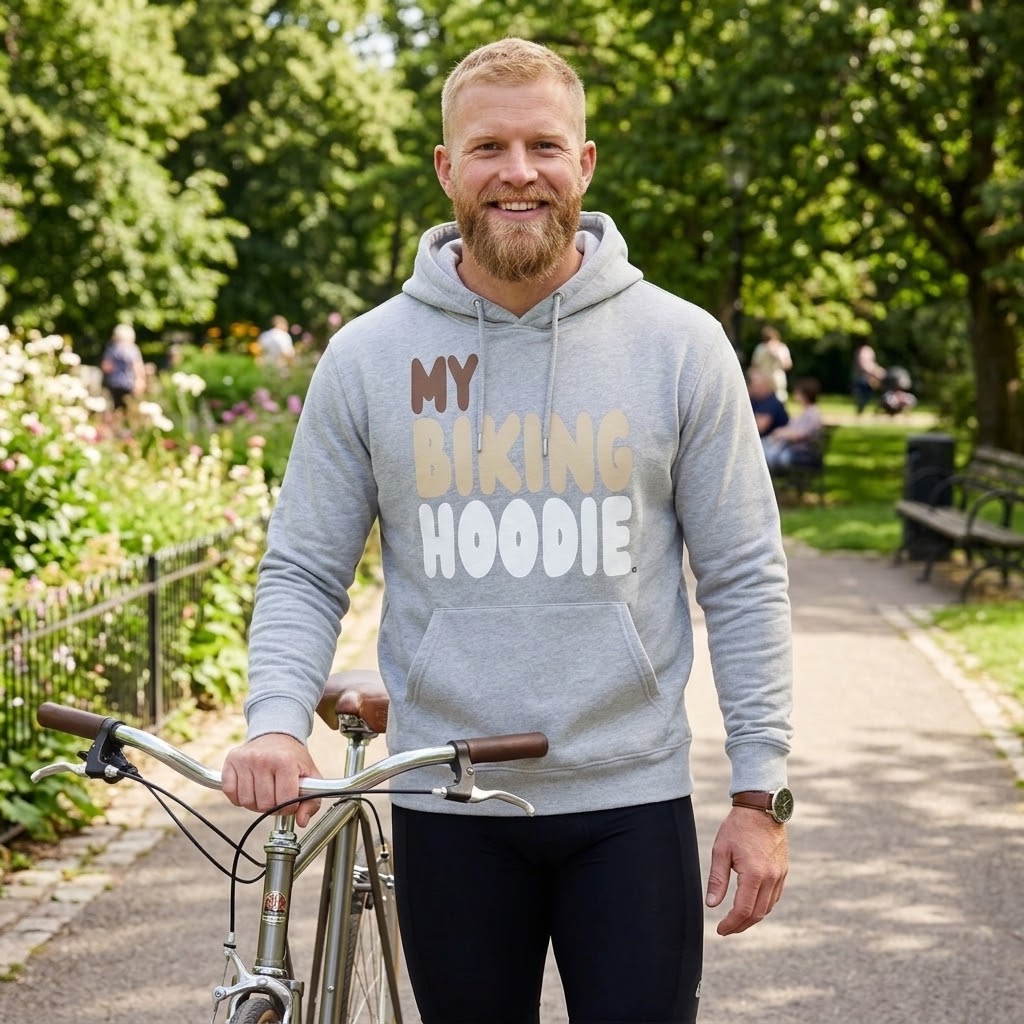 Man walking her bike through a park wearing the APWT Gift Shop's My Biking Hoodie Premium Unisex Hoodie from the Day in the Life Collection and the Premium Basics Collection in Grey