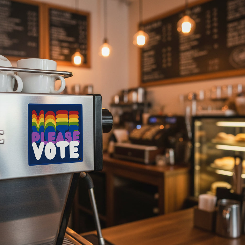 The APWT Gift Shop's Please Vote in Color Vinyl Sticker stuck to side of a coffee maker in a cafe