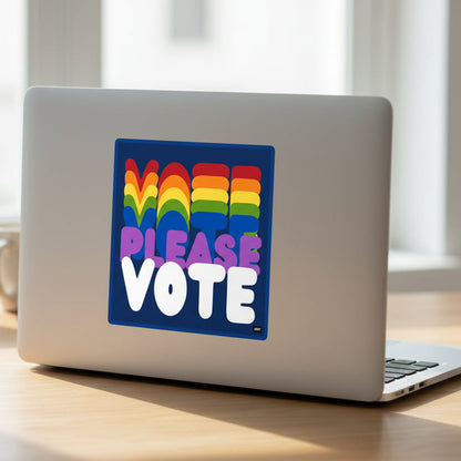 The APWT Gift Shop's Please Vote in Color Vinyl Sticker stuck to the back of a laptop
