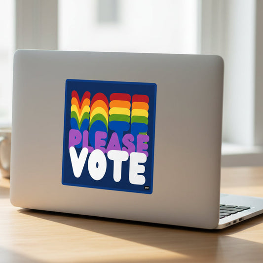 The APWT Gift Shop's Please Vote in Color Vinyl Sticker stuck to the back of a laptop