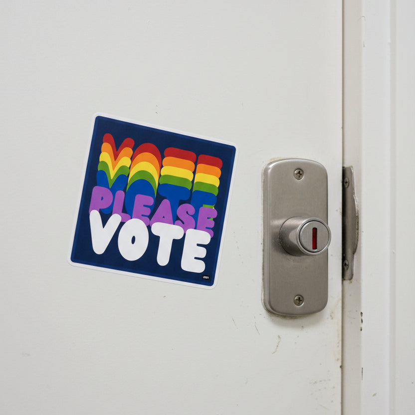 The APWT Gift Shop's Please Vote in Color Vinyl Sticker stuck to the outside of a bathroom stall