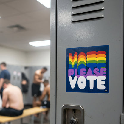 The APWT Gift Shop's Please Vote in Color Vinyl Sticker stuck to the front of a locker in a men's locker room
